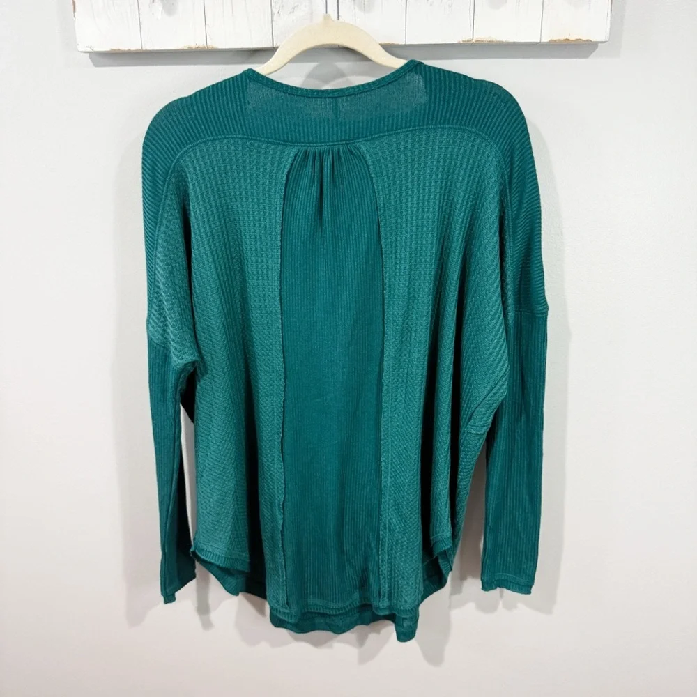 Free People Leo Henley Teal Green Waffle Knit Thermal Top Size XS